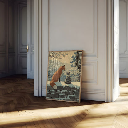 Fox and Cat Winter Friendship Poster