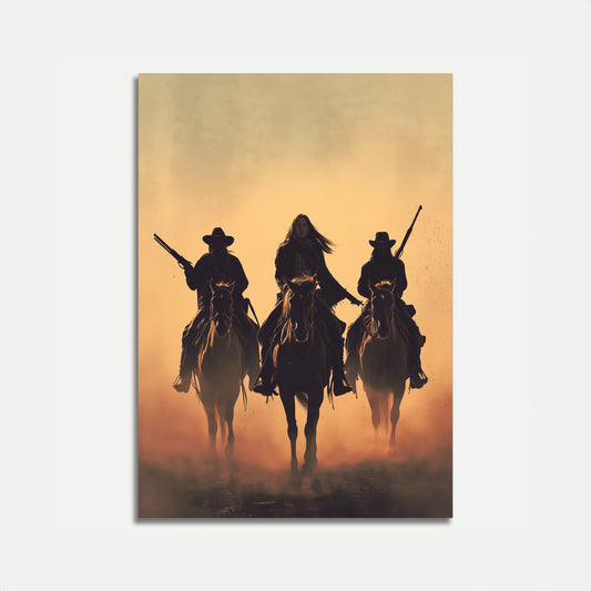 Tre Cowbojar Ökensolnedgång Poster