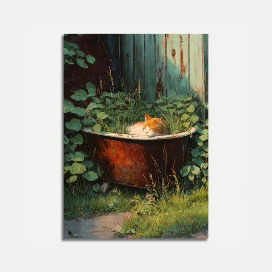 Orange Katze in rustikaler Badewanne Poster
