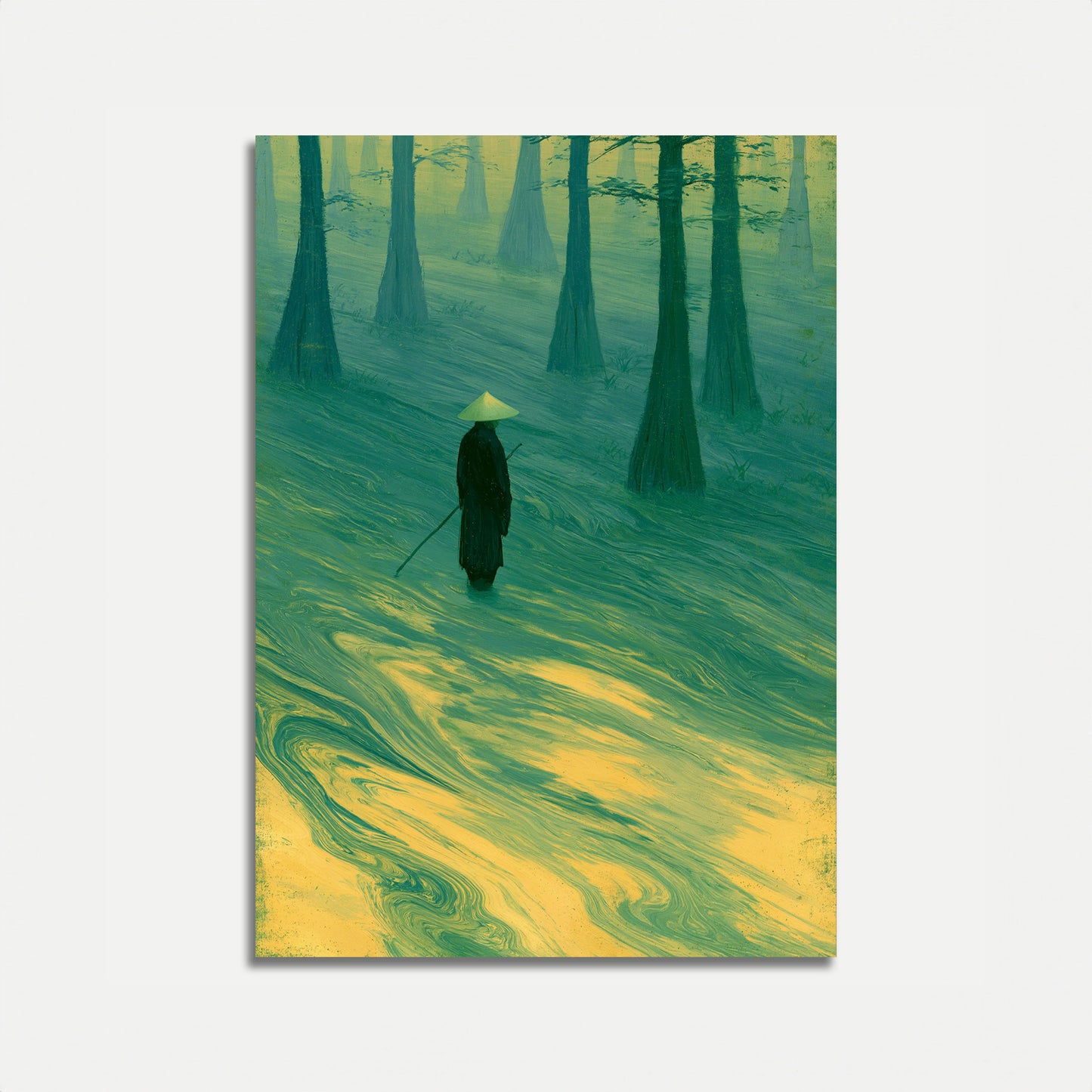 Ensom vandrer i tåkete skog-plakat