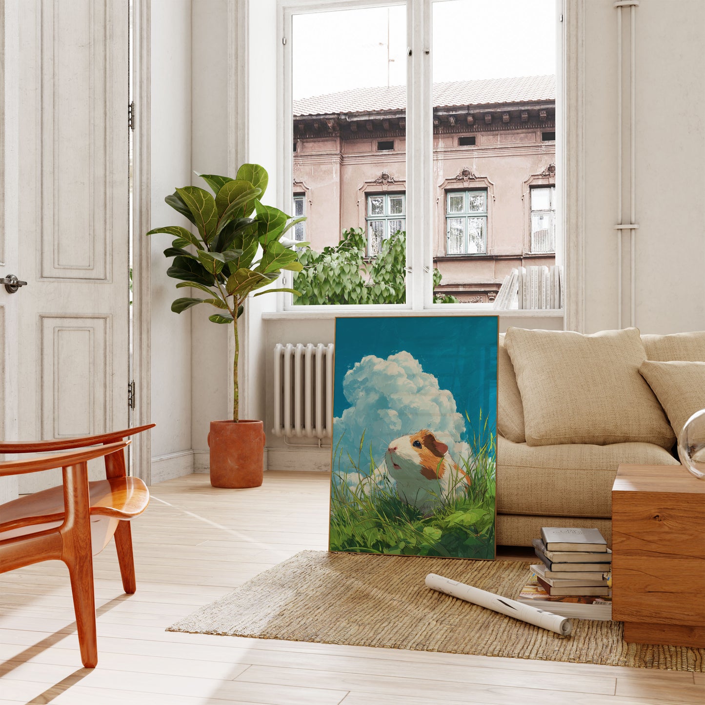 Póster de conejillo de indias con cielo nublado