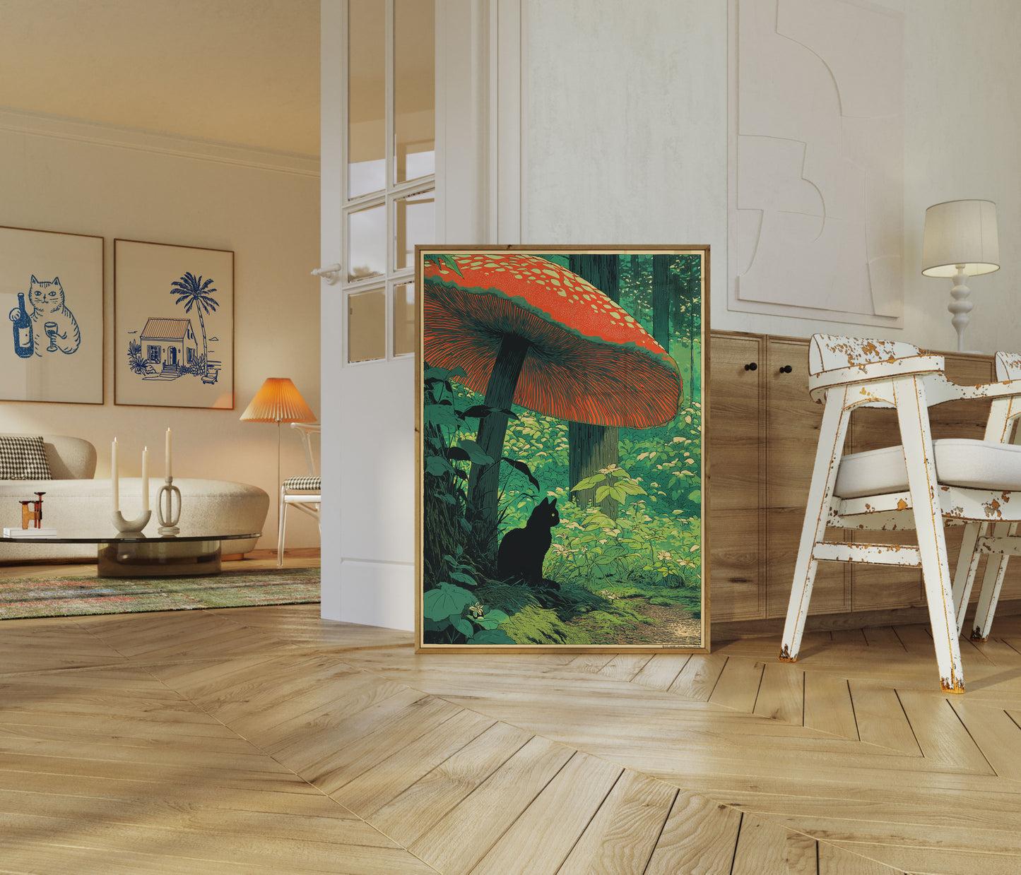Sort kat under rød svamp plakat