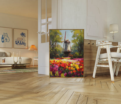 Dutch Windmill Tulip Fields Poster