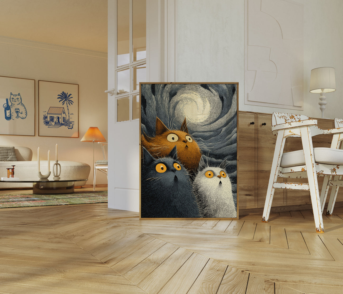 Tre Katte Under Stjerneklart Nat Plakat