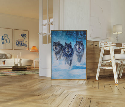 Three Wolves Running in Snow Poster