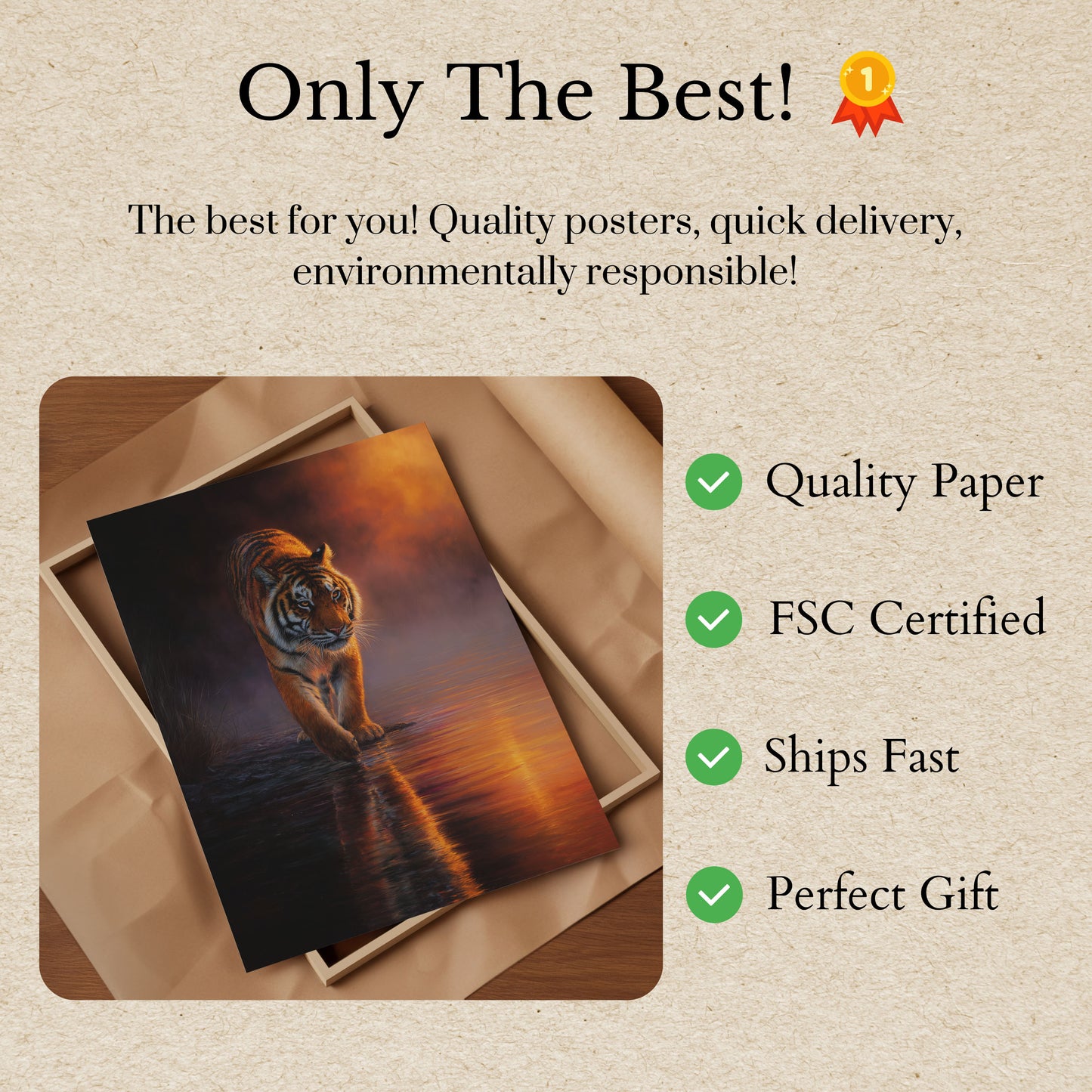 Poster della Tigre che Guada al Tramonto Dorato