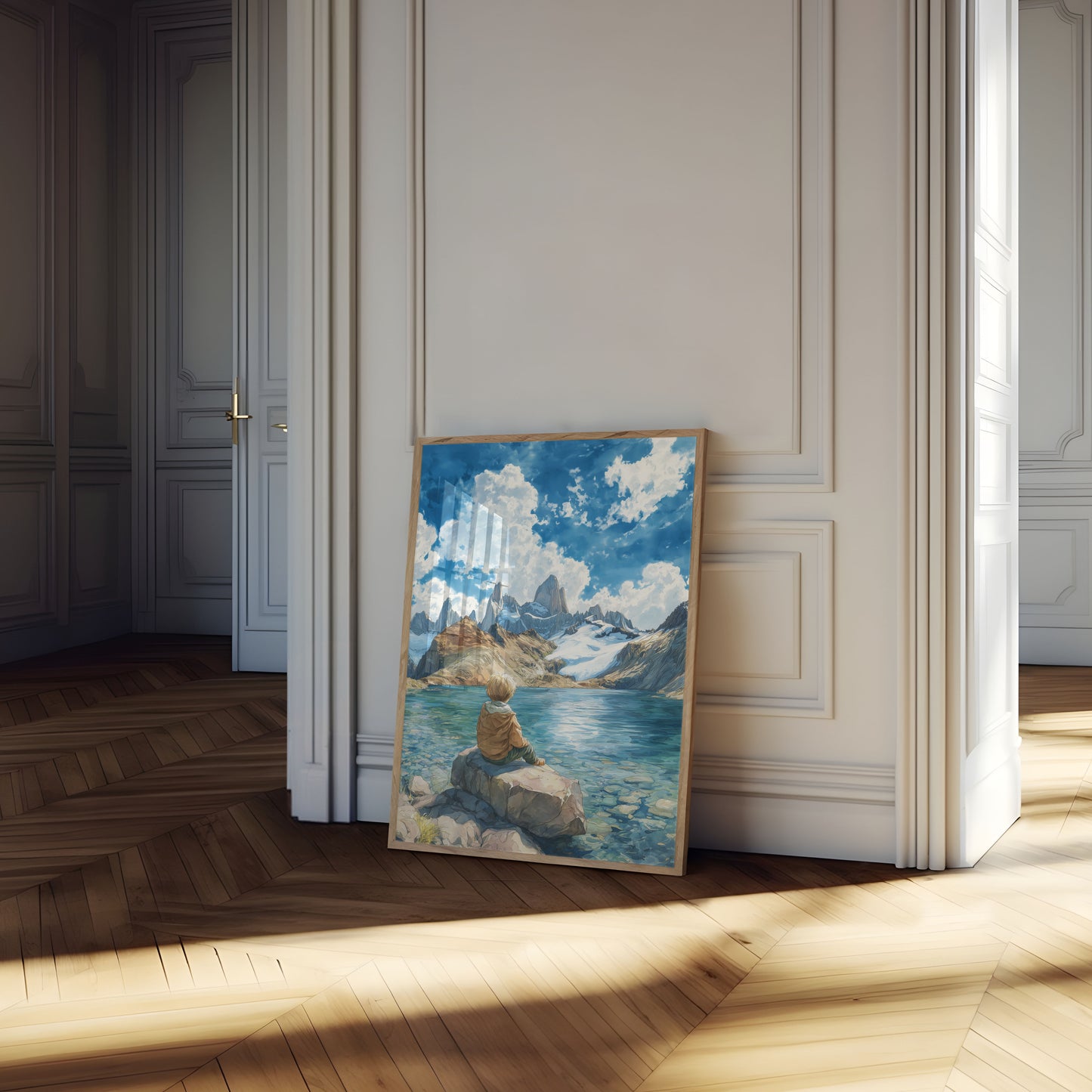 Bambino che guarda i Monti Alpini Poster