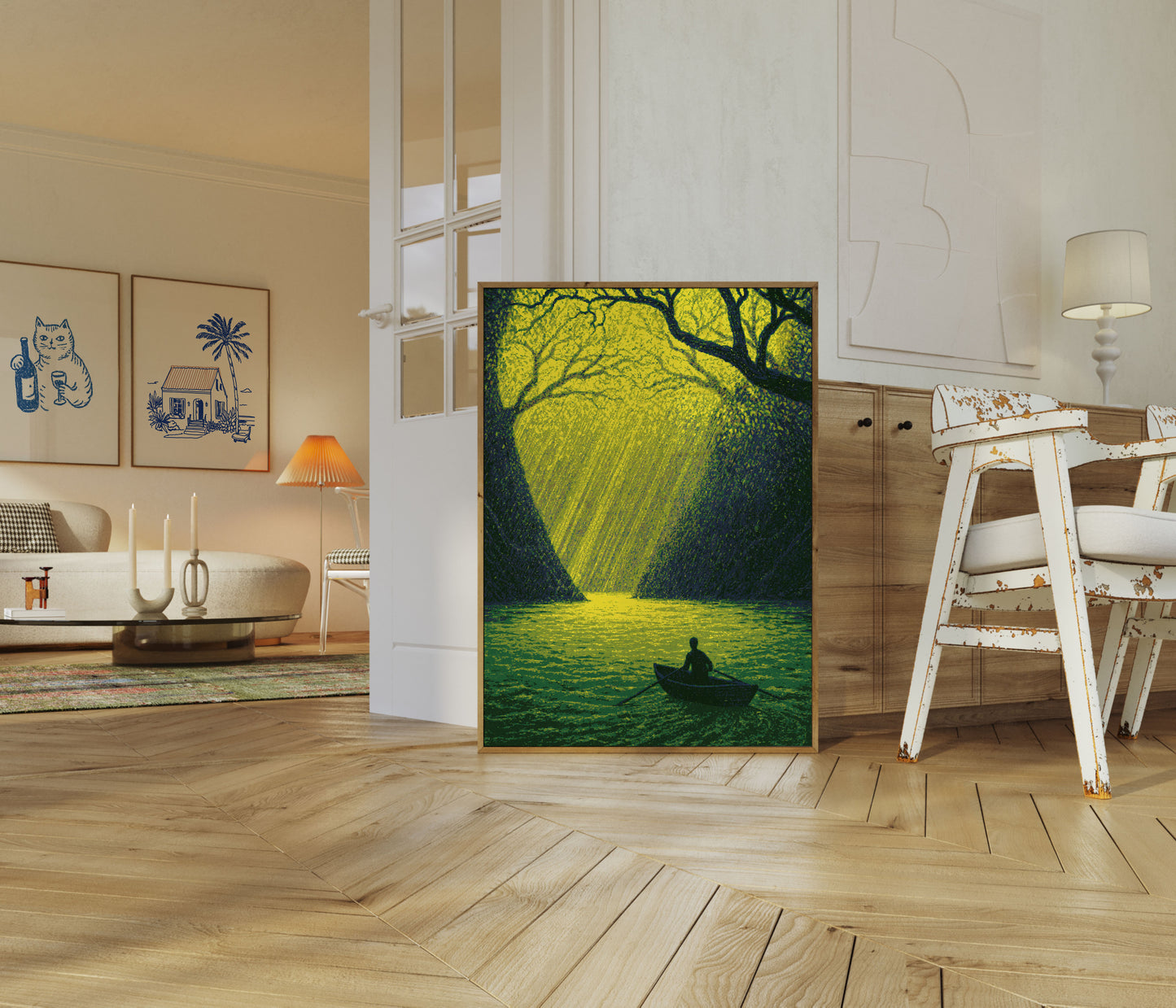 Póster: Barco Solitario en Bosque Luminoso