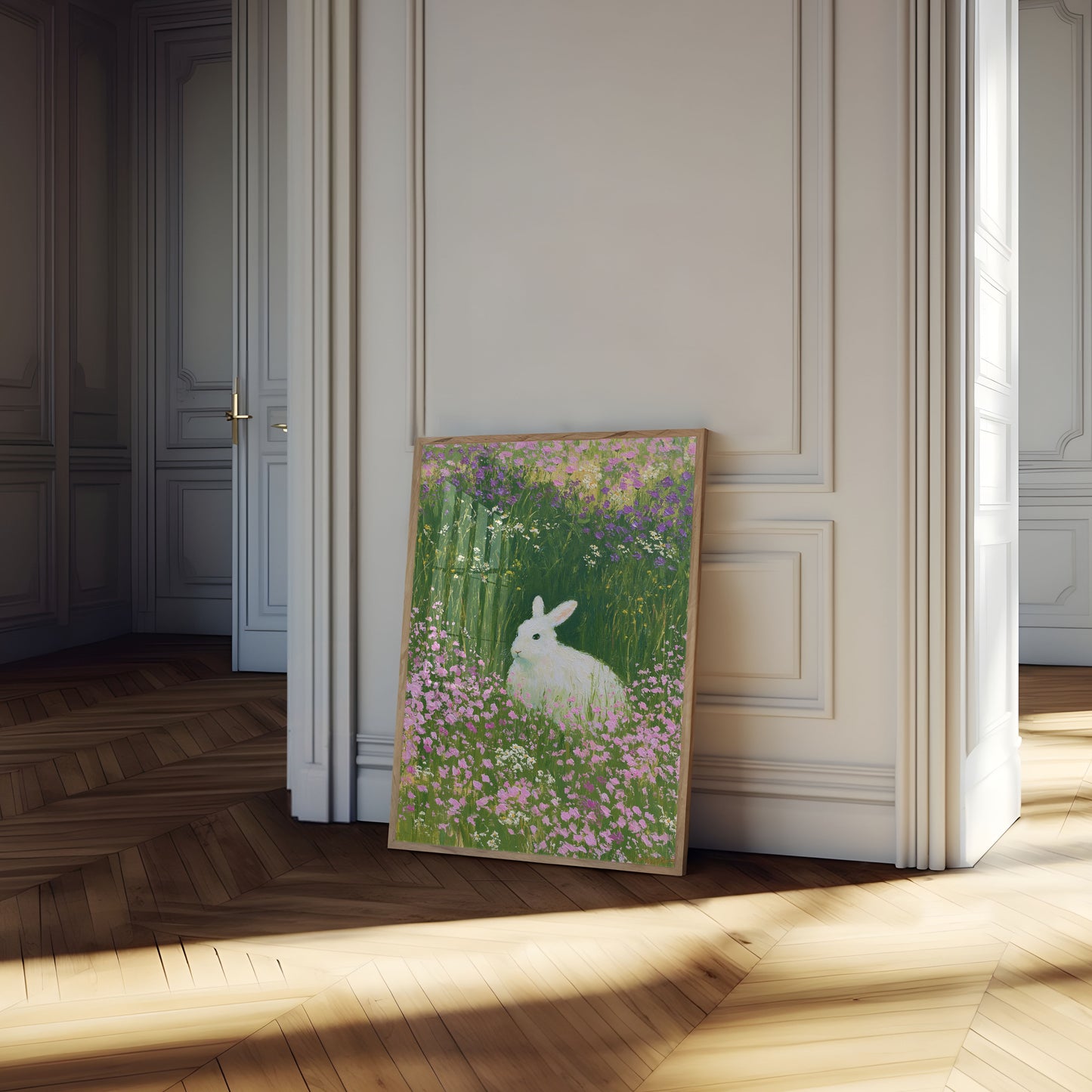 White Rabbit in Flower Meadow Poster