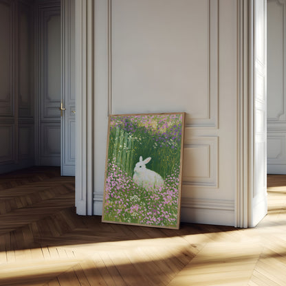 White Rabbit in Flower Meadow Poster