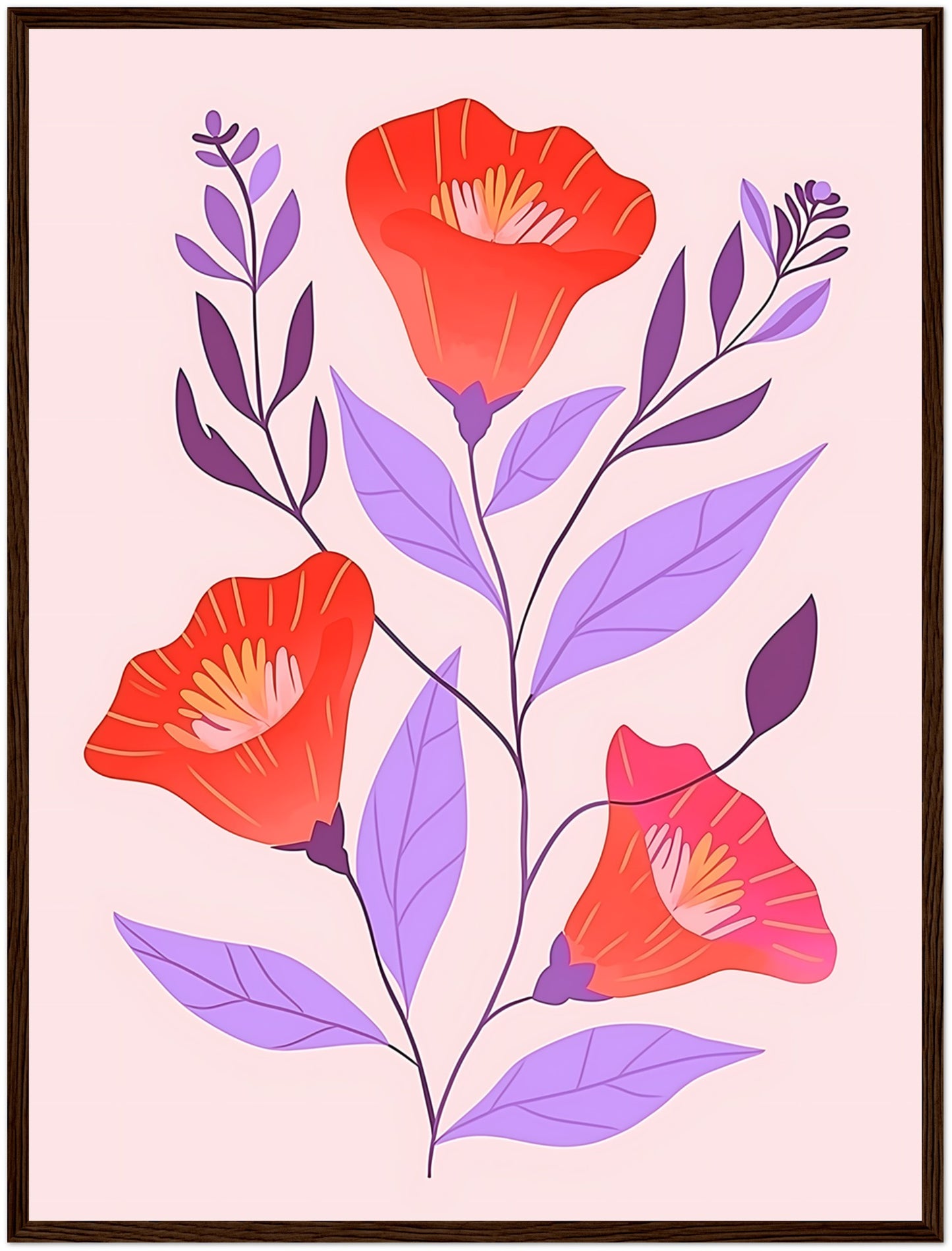 Illustration of red flowers with purple leaves in a brown frame.