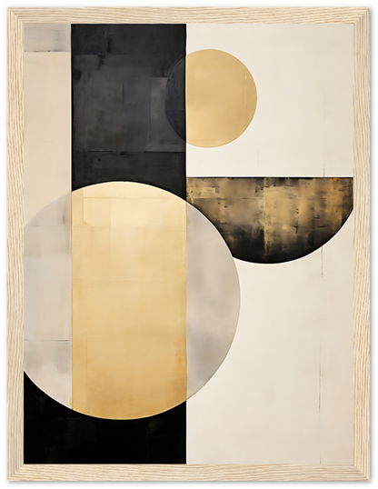 Abstract geometric painting with black and gold circles and semicircles on a white background with a wooden frame.