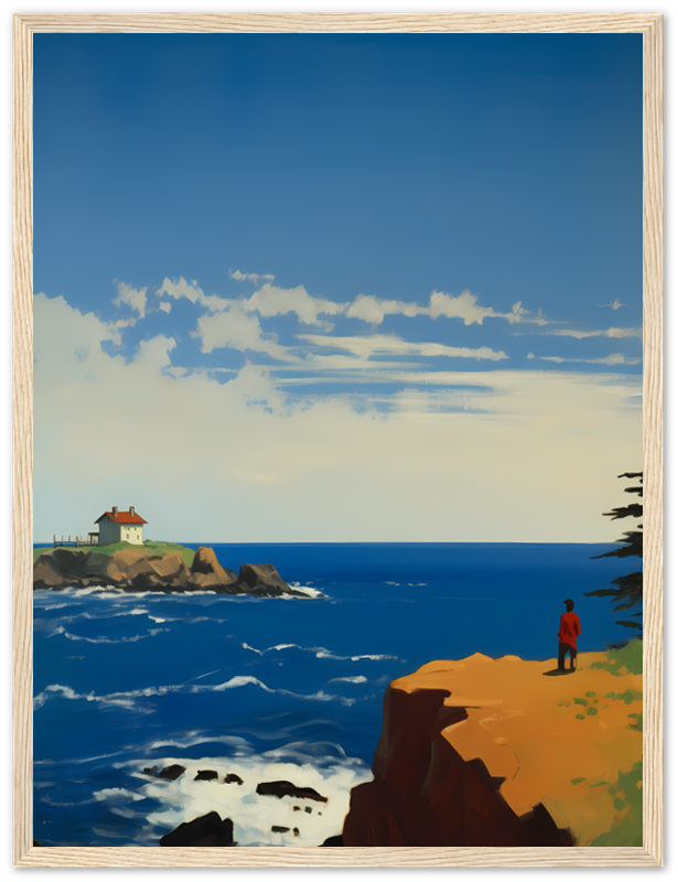 A framed painting of a seaside landscape with a house, rocks and a lone person.
