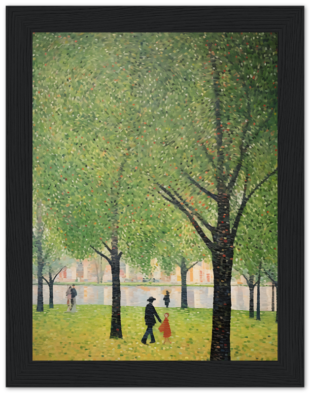 Painting of people strolling through a tree-lined, rainy park.