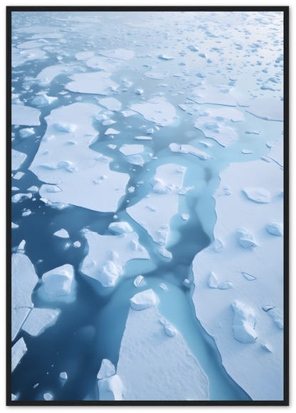 Framed aerial view of a fragmented ice sheet on blue water.