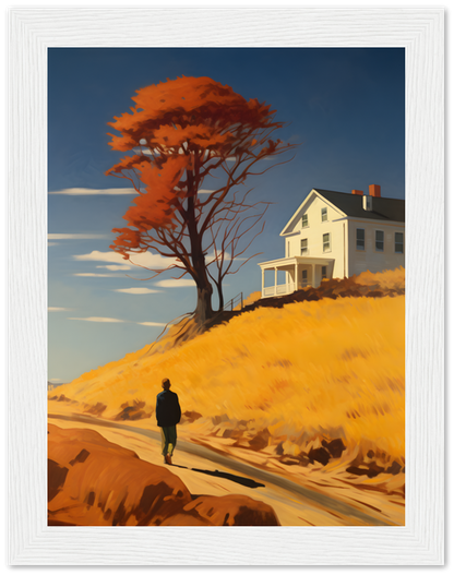 A painting of a person walking on a path near a house with a vivid orange tree.