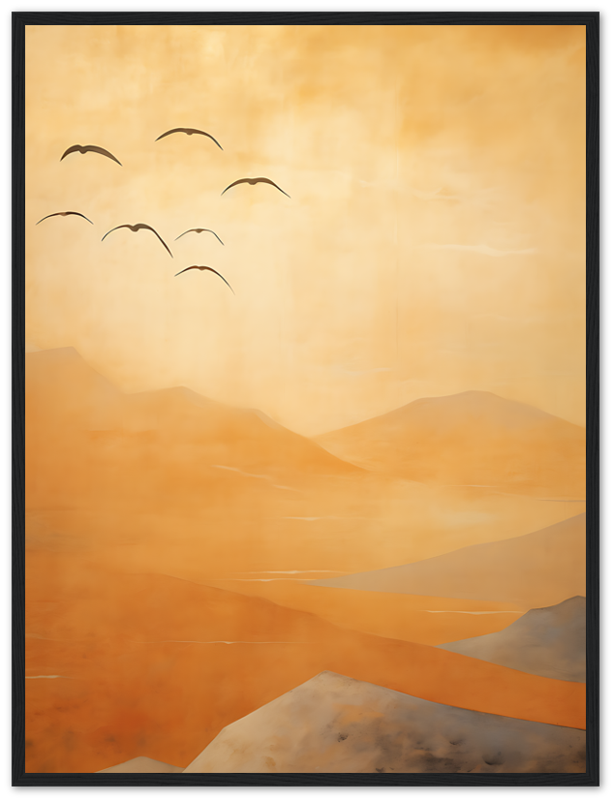 A minimalist painting of birds flying over orange mountains with a warm, hazy sky.