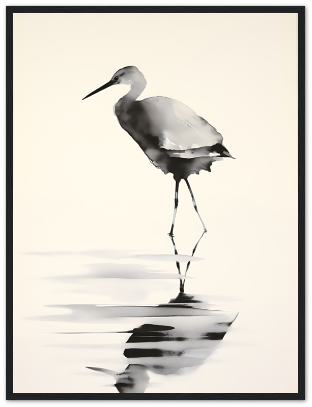 Stylized painting of a bird wading in water with reflections below.