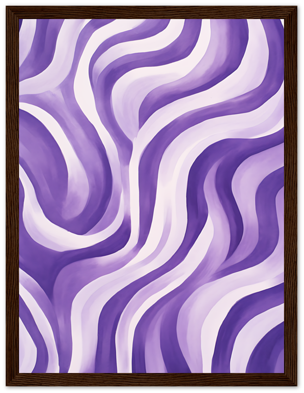 An abstract painting with purple and white wavy patterns framed in wood.