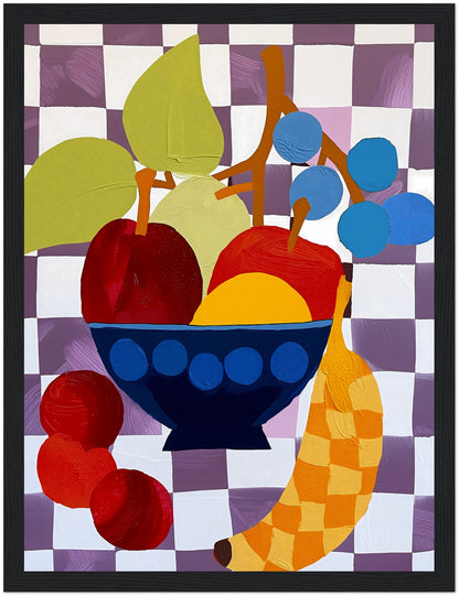 Abstract artwork of a fruit bowl with colorful, stylized shapes.