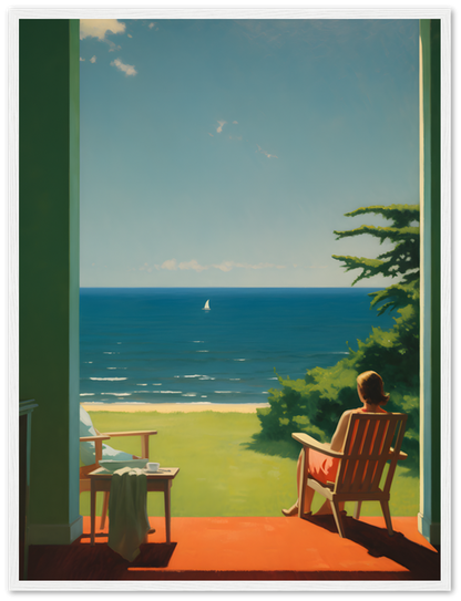 A person sitting on a chair on a porch, overlooking the sea with a sailing boat in the distance.