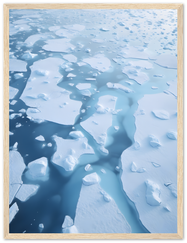 Framed aerial view of a fragmented ice sheet on blue water.