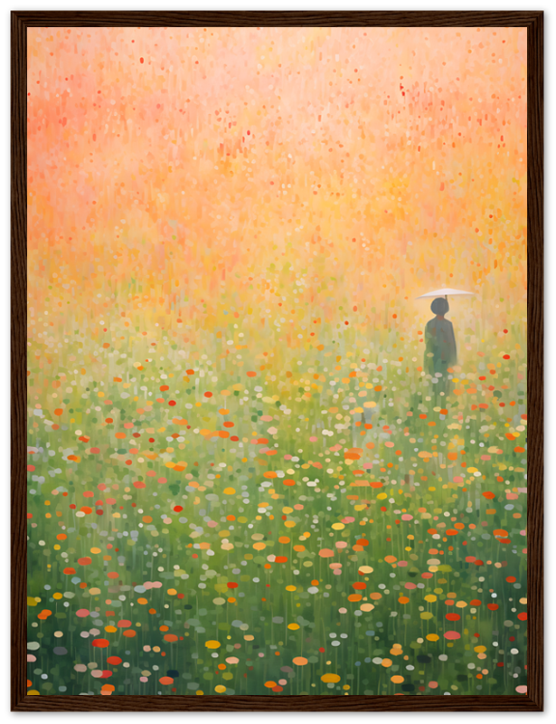 A framed painting of a person standing in a vibrant, colorful, flower-strewn field.