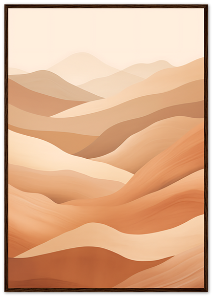 A framed abstract illustration of stylized, wavy desert hills in varying shades of brown.