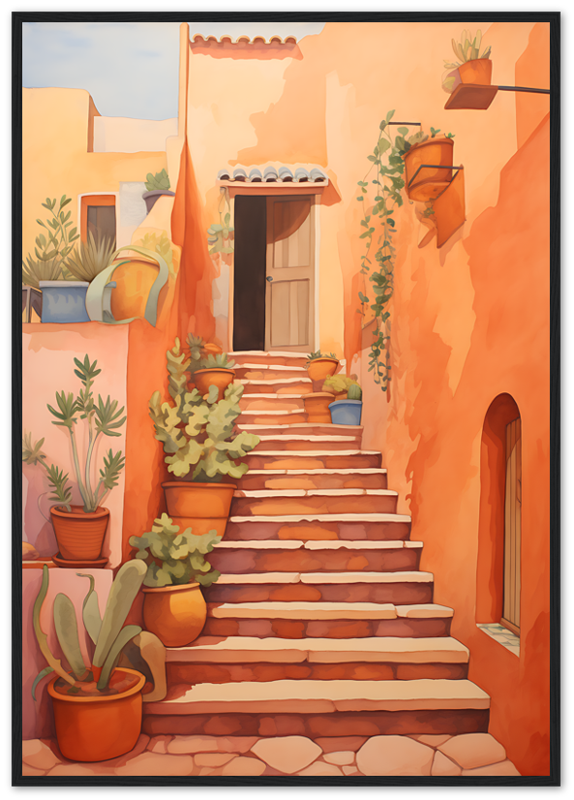 A colorful painting of a warm, sunlit staircase with potted plants in a Mediterranean-style alley.