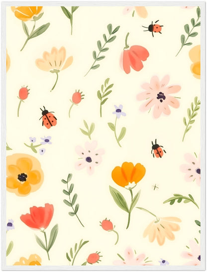 A whimsical illustration of colorful flowers and ladybugs on a light background, framed by a brown border.