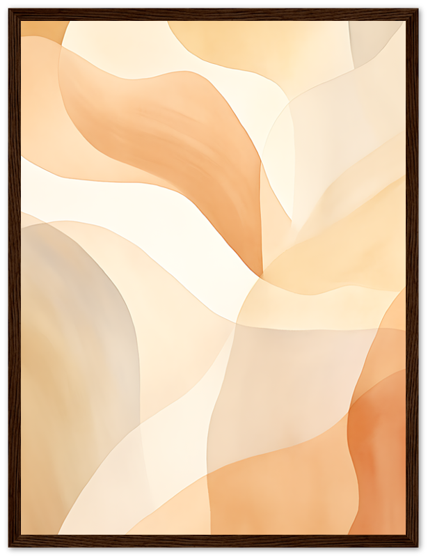 An abstract painting with smooth, flowing shapes in warm beige and orange tones, framed in dark wood.