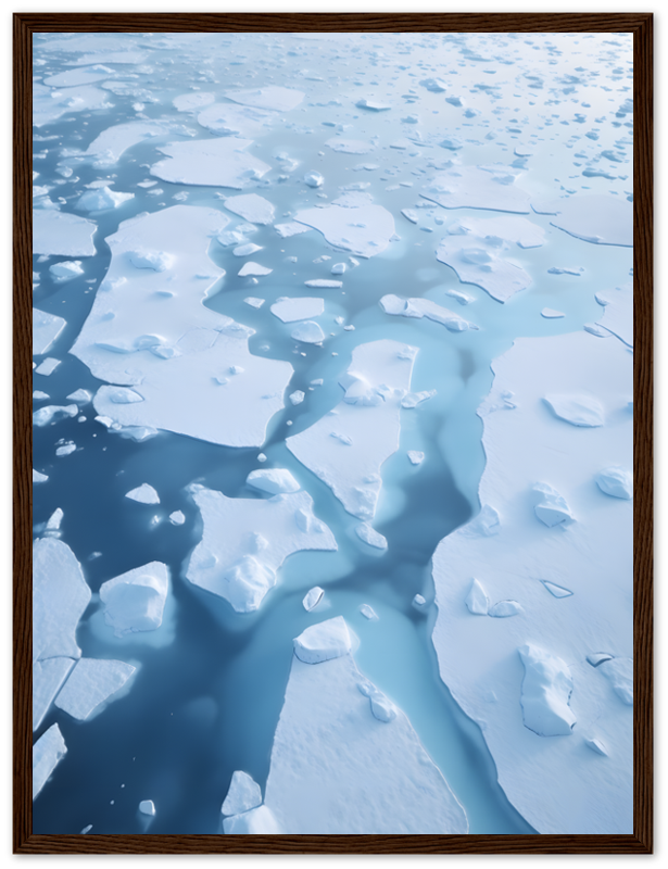 Aerial view of fragmented ice sheets floating on serene blue water.