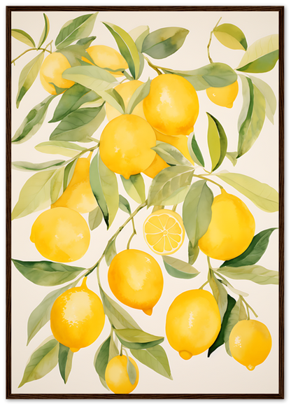 A painting of vibrant yellow lemons with green leaves on branches.