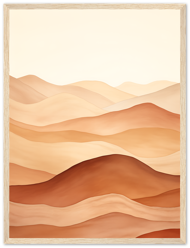 A framed illustration of stylized, wavy desert dunes in warm hues.