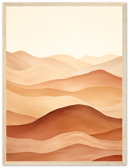 A framed illustration of stylized, wavy desert dunes in warm hues.