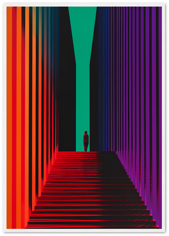 A person standing at the end of a colorful striped hallway with a central perspective.