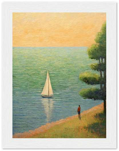 A framed painting of a person standing by the shore watching a sailboat at sunset.