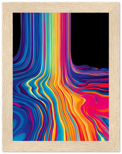 A colorful abstract wavy art in a wooden frame.