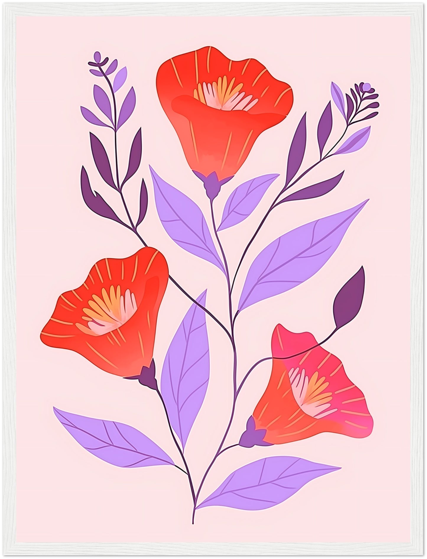 Illustration of red flowers with purple leaves in a brown frame.