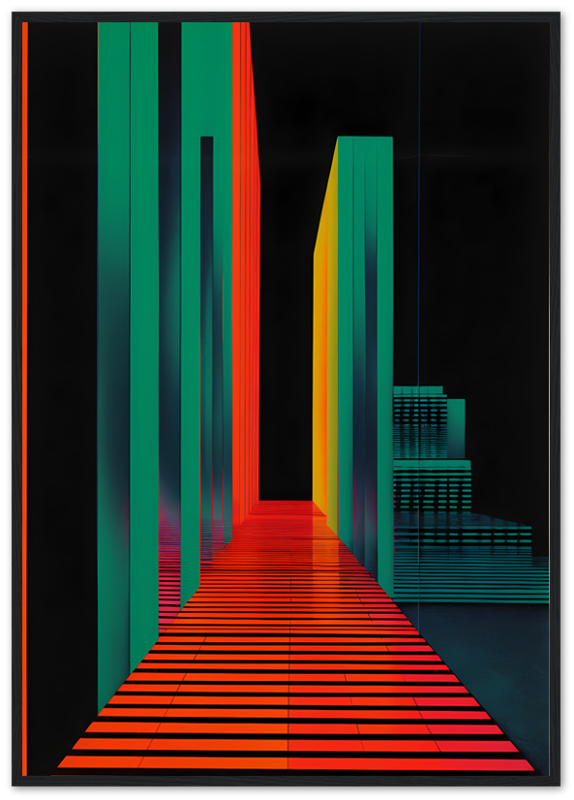 Abstract digital art of a colorful geometric pathway inside a wooden frame.