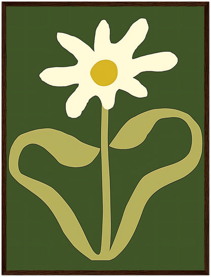 A stylized image of a white flower with a yellow center and green background, framed in brown.