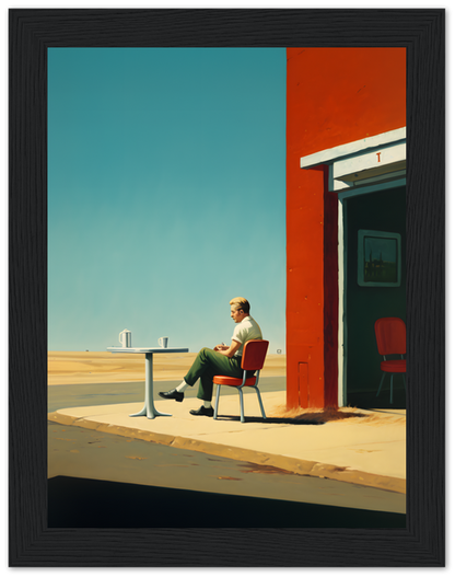 Man sitting alone at a table by a red building under a clear blue sky.