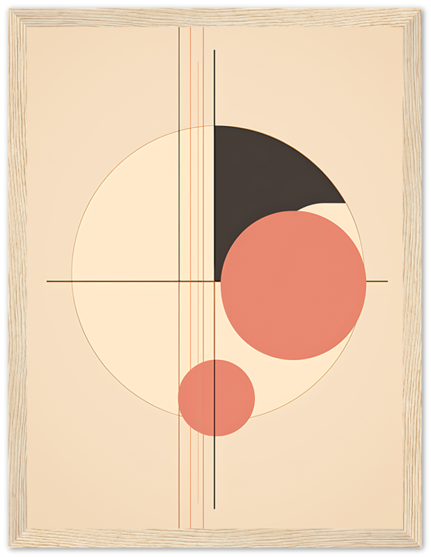 Abstract geometric art with circles and lines in a wooden frame.