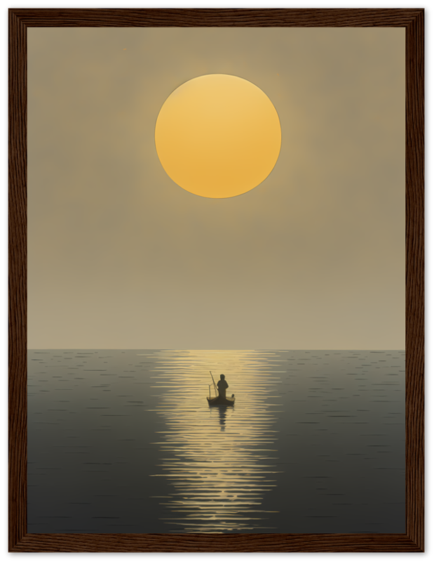 A framed picture of a lone fisherman on a calm sea at sunset.