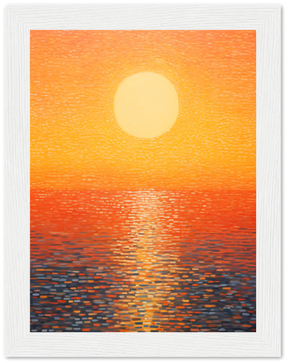 Sunset with vibrant orange hues reflected over water, framed wall art.