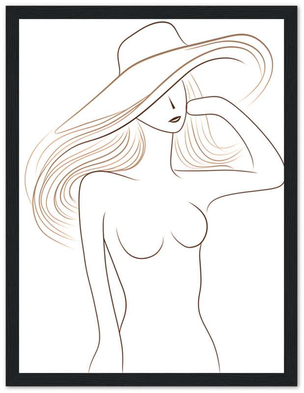 Stylized line drawing of a woman wearing a wide-brimmed hat.