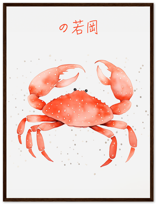 A framed illustration of a red crab with Japanese characters above it.