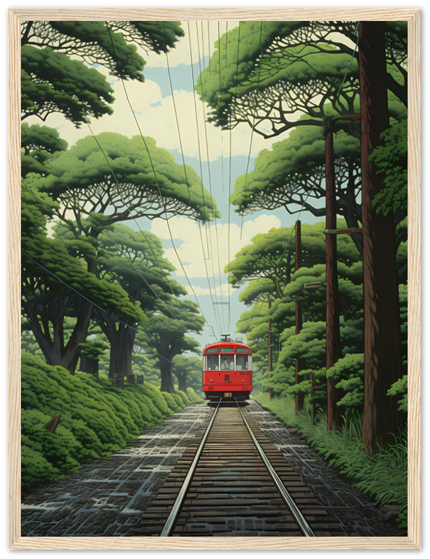 An illustrated red tram traveling down tracks through a lush green forest.