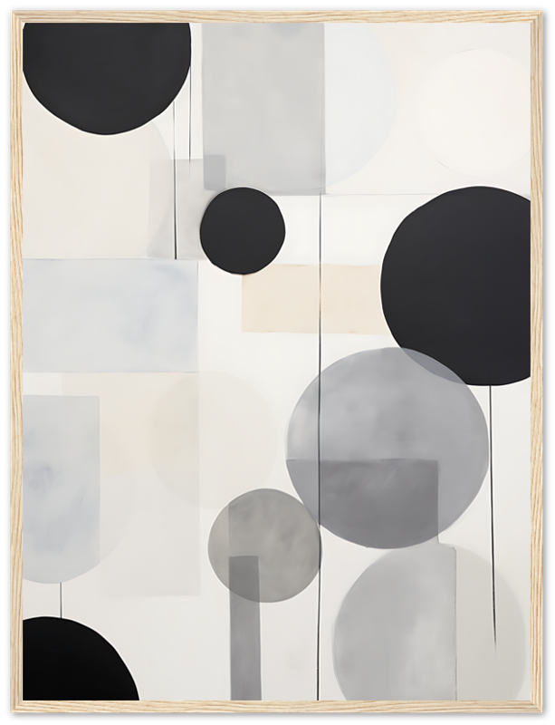 Abstract art with overlapping circles and semicircles in monochrome tones with a textured frame.