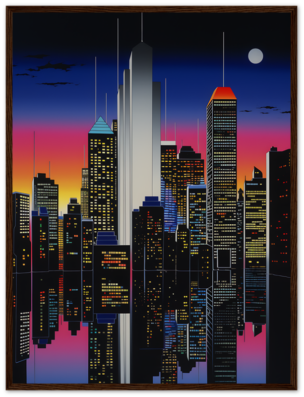 A stylized artwork of a city skyline at dusk with a wooden frame.